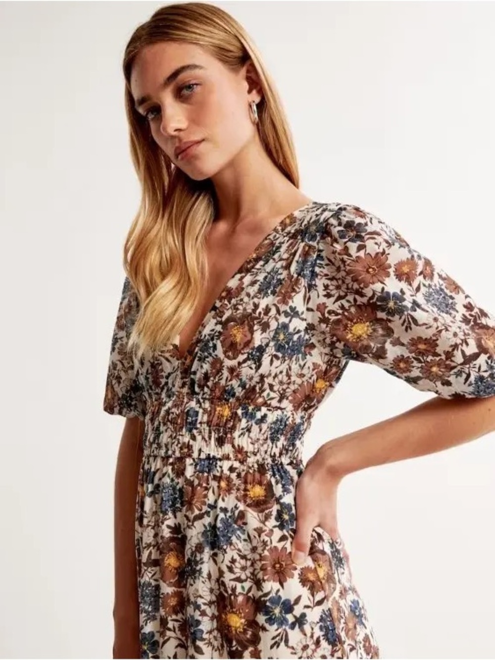 Abercrombie Floaty Plunge Midi Dress - Brown & Blue